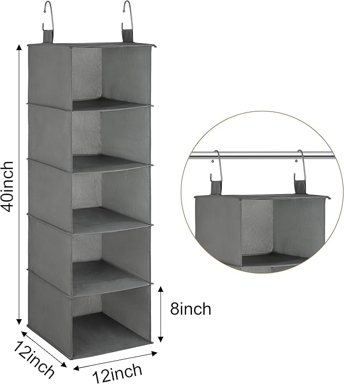 Libeder 5-Shelf Hanging Organizer with Drawers, Closet Hanging Organizers and Storage Shelves with 6 Side Pockets,Collapsible Closet Hanging Shelves for Clothes, Underwear, Nursery, Closet, RV(Grey)
