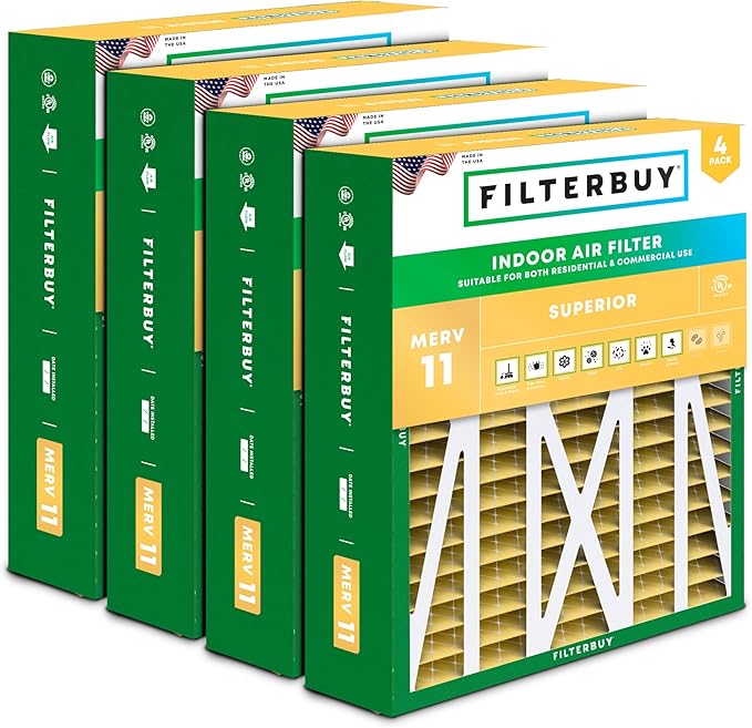 Filterbuy 17.5x21x5 Air Filter MERV 11 Superior Pet & Allergy Defense (4-Pack), Electrostatic Pleated HVAC AC Furnace Filters for Rheem, Ruud, and Protech (Actual Size: 17.13 x 20.63 x 4.38)