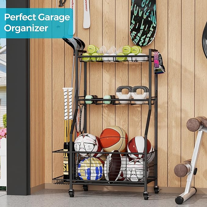 Sports Equipment & Toy Storage Rack with Wheels, 3-Tier Ball Organizer for Balls, Rackets & Sports Gear, Large Capacity with Racket Slots & Hooks, for Garage, Home Gym or Backyard – 23" W