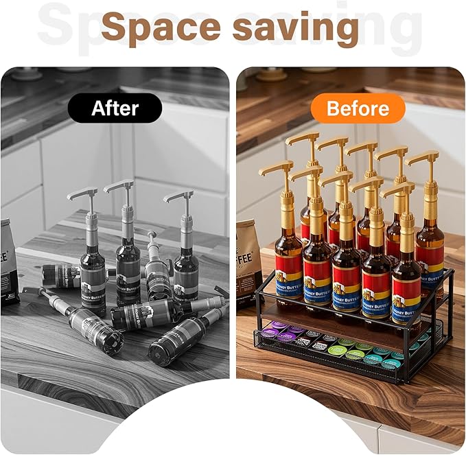Coffee Syrup Rack Organizer, 3-Tier 10 Bottle Syrup Rack with 35 K Cup Darwer for Coffee Bar, Countertop Bottle Holder Stand for Dressing for Kitchen Cafe Station