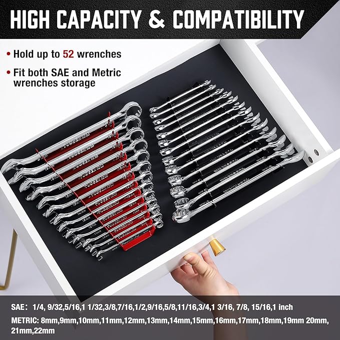 ALOANES 52-Slot Metal Wrench Organizer, Heavy Duty Tool Tray for Tool Box, Fit SAE & Metric Wrench Storage, 4 Pack Wrenches Holders(Black)