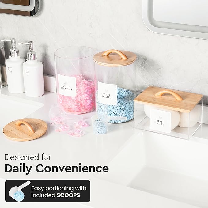 Laundry Pod Storage Container Set | Two 3L Glass Jars & One Acrylic Dryer Sheet Container with Bamboo Lids – Includes 2 Scoops, 60 Waterproof Laundry Labels – Dishwasher Safe