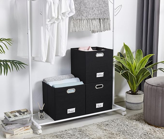DECOMOMO Black Storage Bins, 11 inch Cube Storage Bin with Labels, Felt Baskets (Cube 11" / 6pcs, Black)