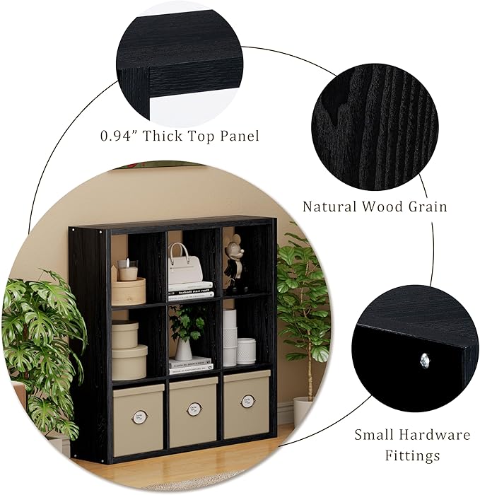Cube Storage Organizer Bookcase, Decorative 11 inch Open Back Cubical Shelf with Thickened Border, Display Bookshelf for Living Room, Home Office, Sturdy Room (Black, 9 Cube)