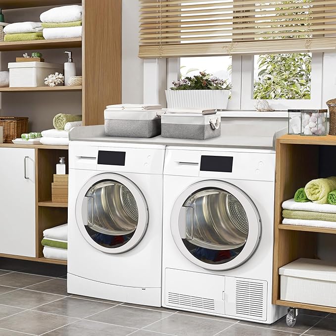 Washer Dryer Countertop with 2 Pack Storage Baskets, Wood Washer and Dryer Countertop with Non-Slip Pads/Edge Rails for Laundry Room Storage and Organization, 27.5" W x 54" L(Light Grey Marble)