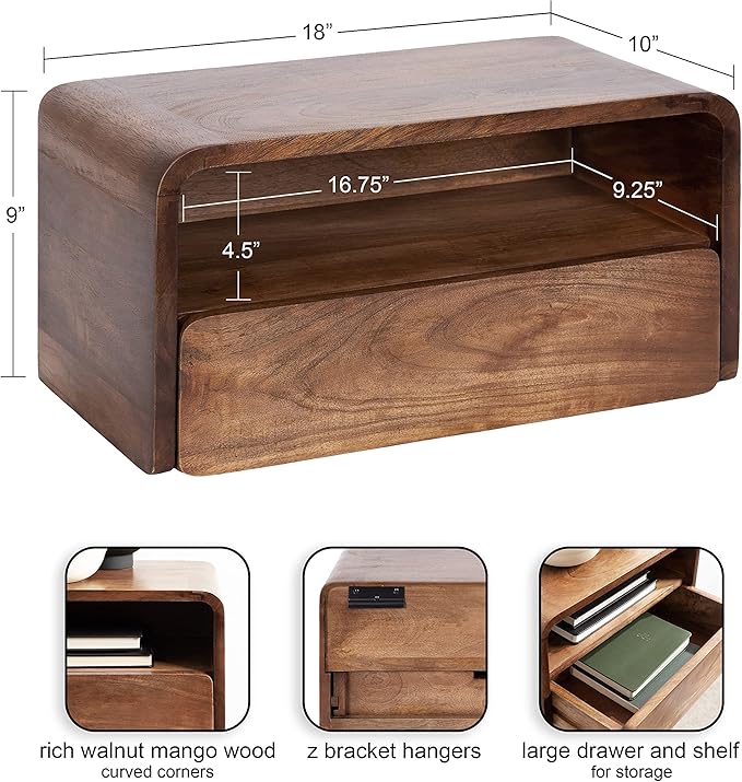 Kate and Laurel Kato Modern Wood Floating Side Table with Drawer; 18 x 10 x 9; Walnut Brown; Contemporary Wooden Floating Nightstand for Bedroom Bedside Table