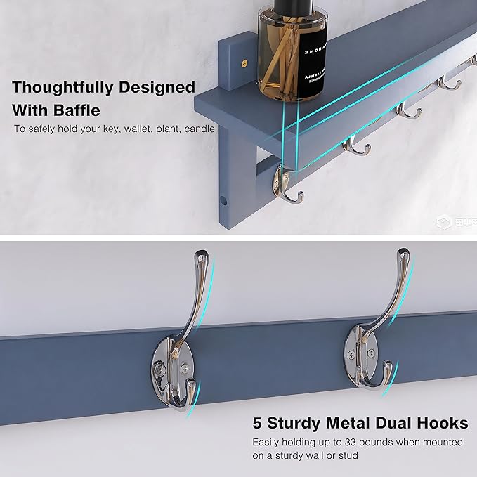 SMIBUY Coat Hooks with Shelf Wall-Mounted, 29.2 Inch Entryway Coat Rack for Wall, Bamboo Hanging Shelf with 5 Double Metal Hooks for Bathroom, Bedroom, Kitchen, Living Room, Mudroom (Grey)