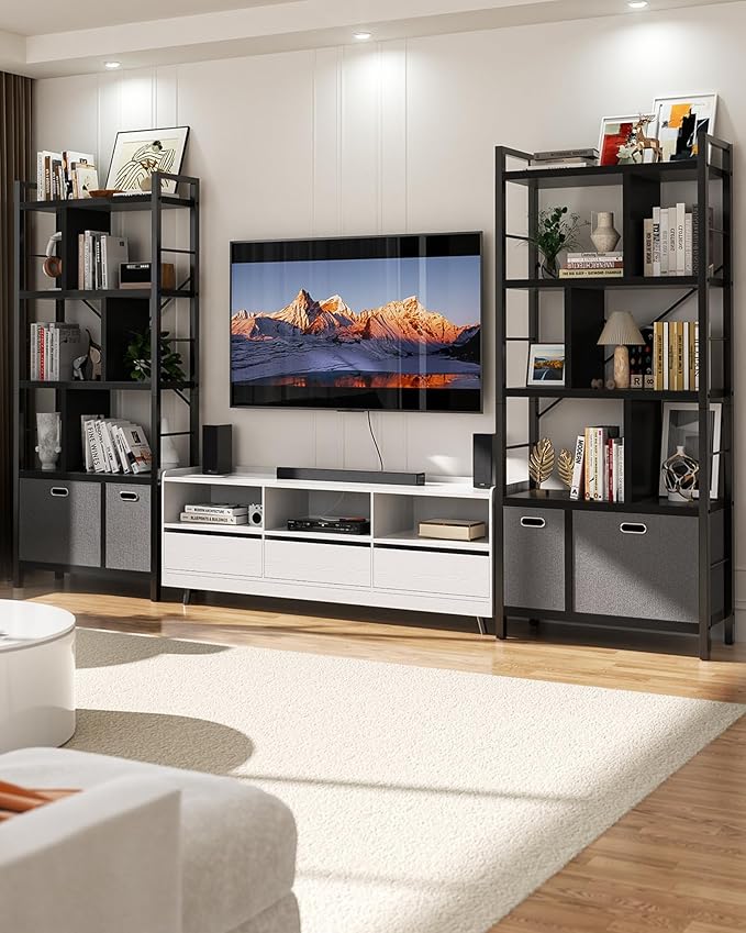 Armocity Bookshelf with Drawers - 5 Tier Tall Bookcase Geometric Modern Book Shelf Display Standing Bookshelves with Storage for Living Room, Bedroom Home Office, Black