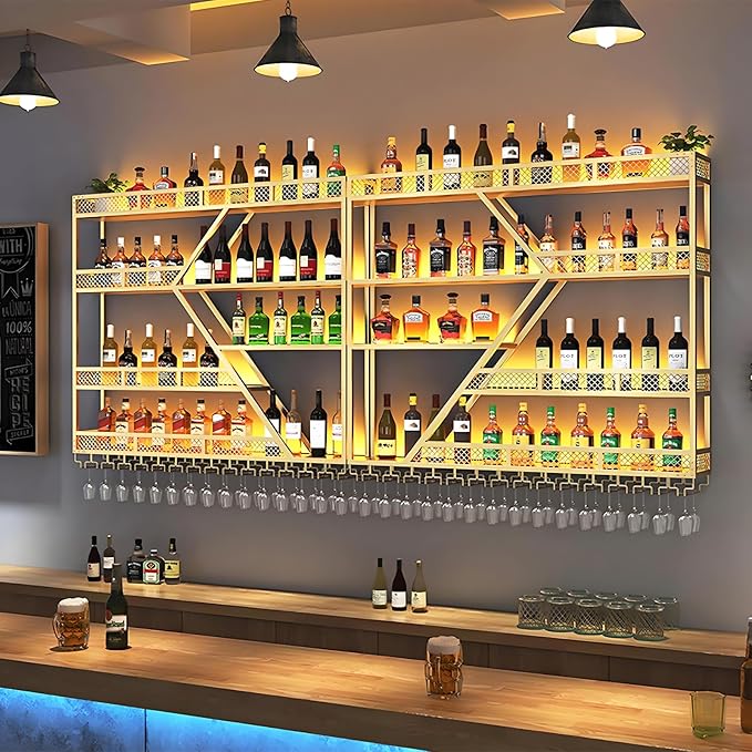 63in Metal Wine Rack Wall Mounted, Modern Wine Storage Rack Wall Mounted with Wine Glass Holder, Liquor Shelf, Bar Shelves for Liquor Bottles (4 Tiers Gold, 63 * 7.87 * 48.5INCH)