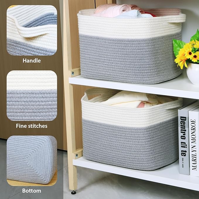 Kntiwiwo Storage Baskets for Organizing 14.7”x11”x9.6” Rope Storage Baskets for Shelves with Handles, Decorative Closet Baskets & Bins, Large Woven Baskets for Storage, White & Grey