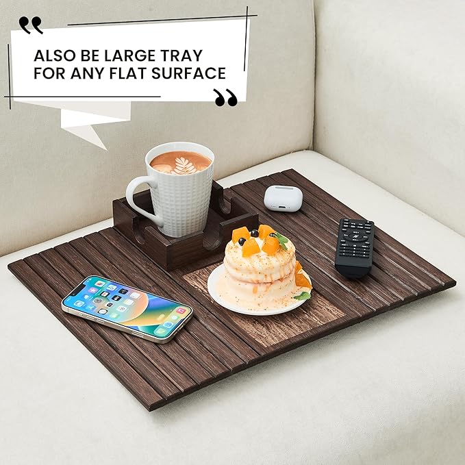 Bamboo Sofa Arm Tray Table, Foldable Couch Cup Holder, Anti-Slip Wide Couch Arm Tray Aremrest Table for Drink, Cup, Remote, Snacks, Cellphone, Portable, Brown