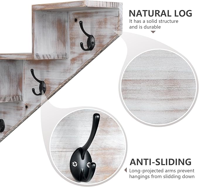 Coat Rack Wall Mount with Shelf, White Ladder Shelf with Hooks Underneath, Wall Mounted Rise Wooden shelves for Decorative, 4 Double Hooks for Hanging Coats, Keys, Books, Flowers, Planter, Towels