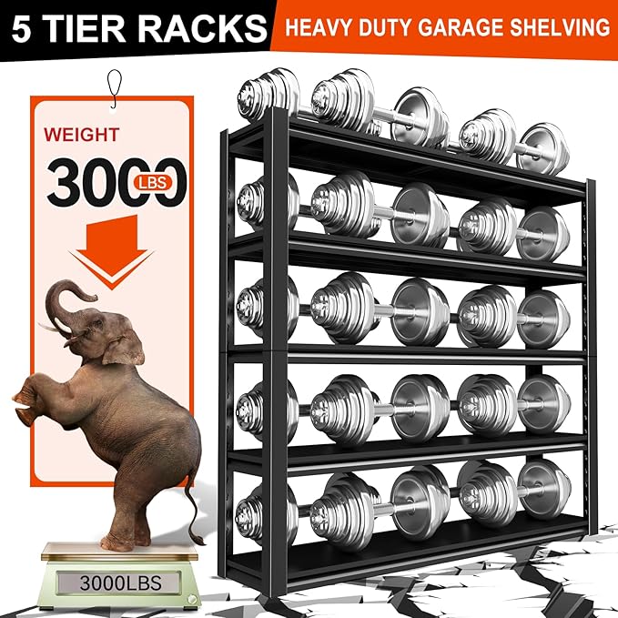 72" H Garage Shelving, Heavy Duty Storage Shelves, 3000LBS Garage Shelving, 5-Tier Easy Assembly Adjustable Shelf for Industrial, Warehouse, Basement (H72'' W48'' D24'')