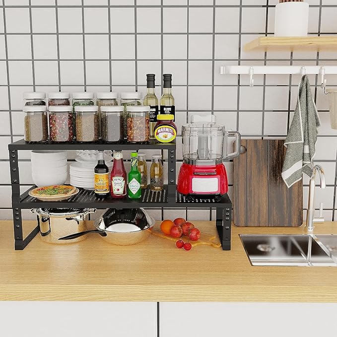 Expandable Cabinet Shelf Organizer Storage Spice Rack Shelves for Kitchen Stackable Adjustable Pantry Cupboard Bathroom Countertop Desktop(2Packs/Black/Large-with Hole)