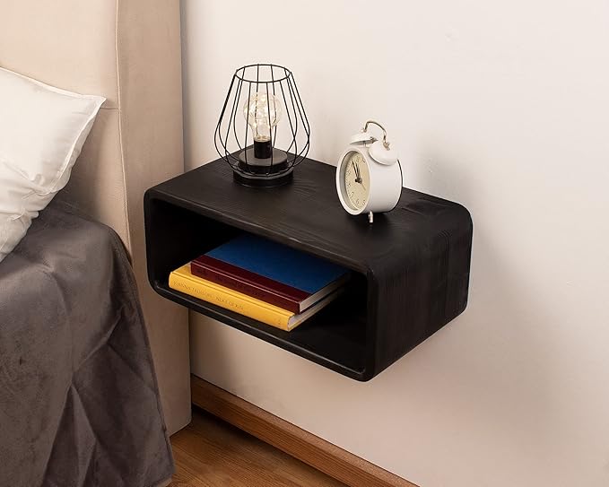 Floating Nightstand Wooden, Bedside Table, Nightstand Shelf, Handmade, Wall Mounted Bedside Shelf, Minimalist and Unique Style (Black)