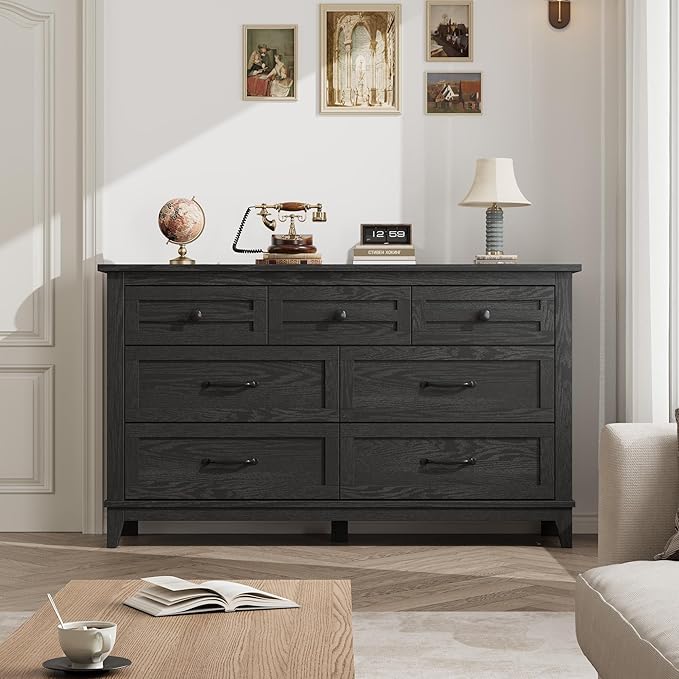GarveeHome 7 Dresser for Bedroom, 54 in Wide Drawer Dresser with Storage Freestanding, Wooden Closet Storage Chest for Living Room, Bedroom, Entryway, Black