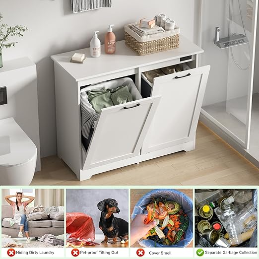 JAXPETY Double Tilt Out Trash Cabinet, Kitchen Hidden Garbage Can with Negative Ion & Deodorizing Function,Free Standing Recycling,Dog Proof 10 Gallon Trash Bin Cabinet for Bathroom, Living Room