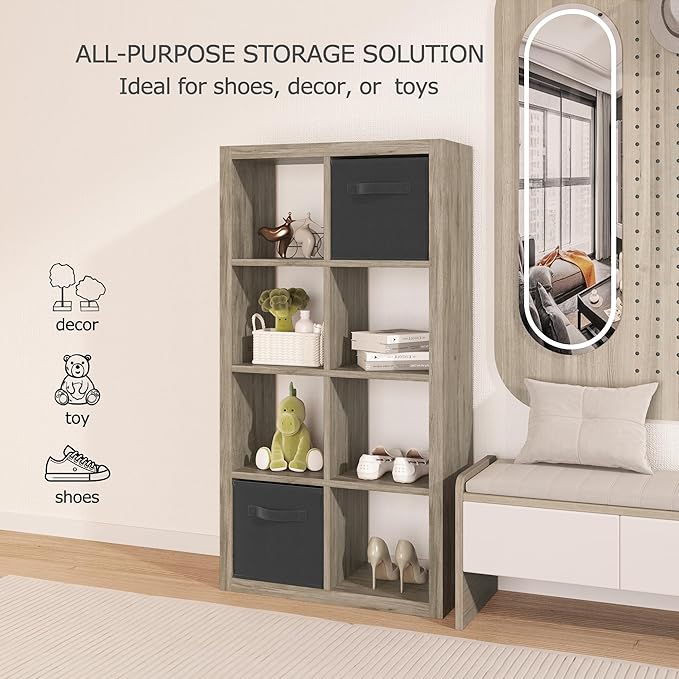 Bookshelf Cube Storage Organizer, 8-Cube Shelf Bookcase with Storage Bin, Modern Wood Open Shelf for Living Room, Bedroom, Home Office, Gray Oak