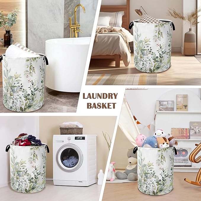 Laundry Basket,Sage Eucalyptus Collapsible Laundry Baskets, Green Leaves Waterproof Hamper with Handles for Bathroom Bedroom Nursery Home Storage16"x20"