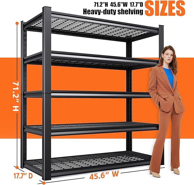 71" H Garage Shelving Heavy Duty Storage Shelves, 5-Tier Adjustable Metal Shelving Unit, Utility Garage Organizer Shelf for Basement, Pantry, Kitchen, Warehouse,17.7" D x 45.6" W x 71.2" H