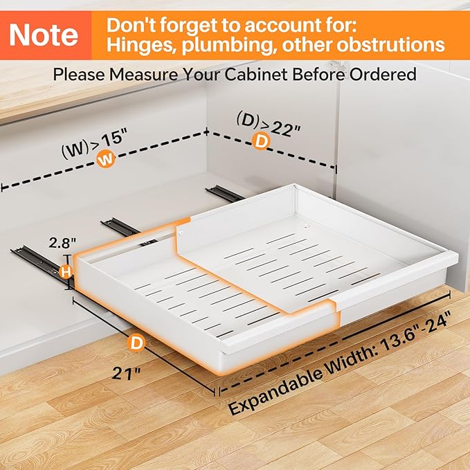 Pull out Cabinet Organizer, 2-Pack Expandable(13.6"-24") Silde out Drawers with Raising Pad for Framed Cabinets, Adjustable Full-Extension Adhesive Roll out Shelves for Kitchen Pantry Home Pot and Pan