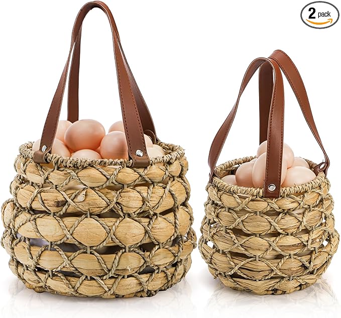 Goaste 2 Sizes Egg Collecting Baskets with Handle, Round Chicken Egg Storage Baskets, Handwoven Wicker Eggs Container for Gathering Fresh Eggs, Vintage Countertop Picnic Basket for Harvest, Kitchen