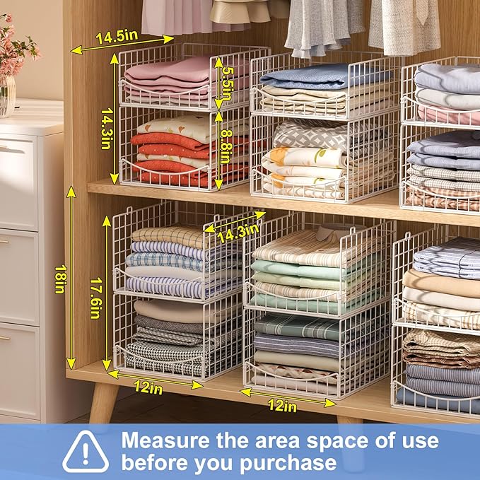 4-Tier Stackable Closet Organizers and Storage Shelves, Foldable & Mutifunctional Clothes Storage Basket Sweater Organizer Bins Container for Wardrobe Bathroom, White (Patent Pending)