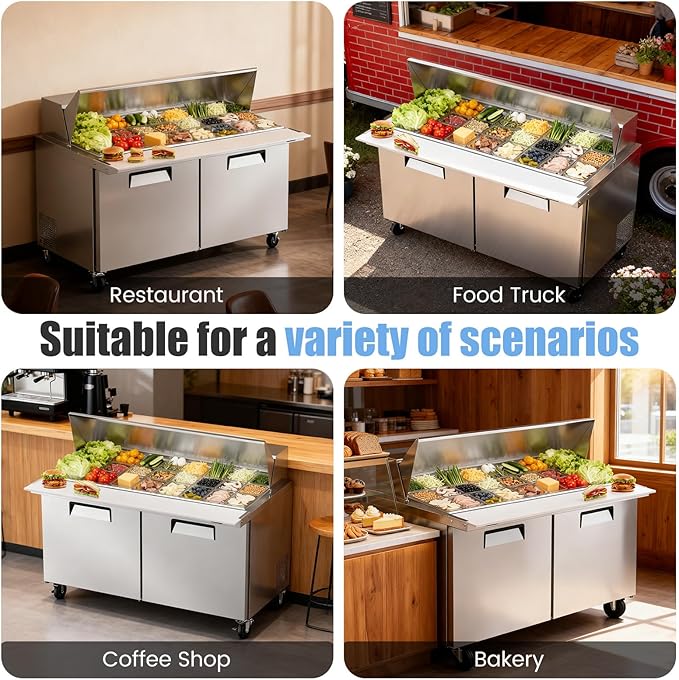 60" W Commercial Refrigerator Sandwich Salad Prep Table, Stainless Steel 2-Door Sandwich Prep Table Refrigerator, Counter Fan Cooling Refrigerator with 24 Pans for Restaurant, Bar