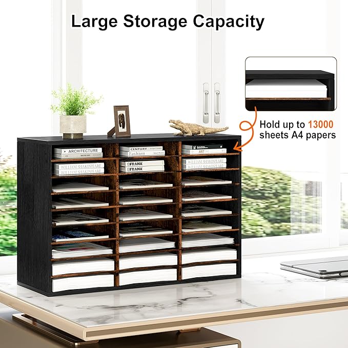 Literature Organizer 27 Slots Wooden Mailboxes for Classroom Office Mail Organizer Countertop Vertical File Sorter with Adjustable Shelves Heavy Duty Office Mailbox Cubbies, Black/Rustic Brown