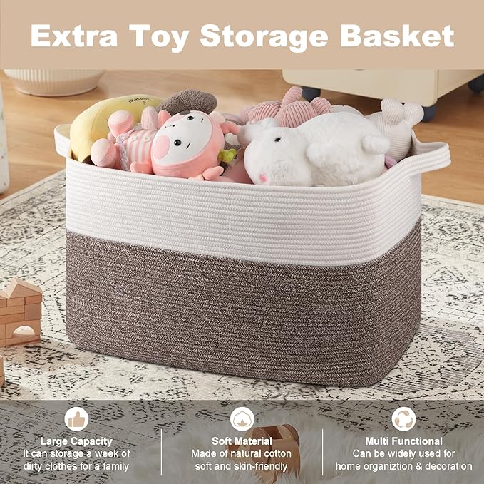 XXXL Supre Large Blanket Basket for Clothes, Towels, Pillows, 108L Cotton Rope Storage Basket for Living Room, Supre Large Woven Toy Storage for Kids, 25" x 16" x 16", Dark Brown and White