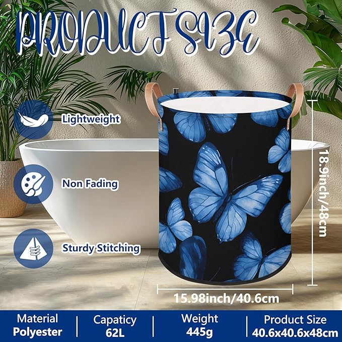 Foldable Laundry Hamper with Elegant Blue Butterfly Pattern - Collapsible Storage Basket for Bedroom, Portable Organizer for Blankets, Toys, Clothes