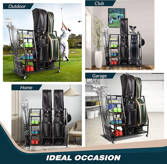 Golf Bags Storage Garage Organizer, Golf Bag Rack Fits 2/3 Golf Bags and Golf Equipment Accessories, Golf Club Storage Stand with Wooden Shelf and Lockable Wheels for Garage Indoor Basement