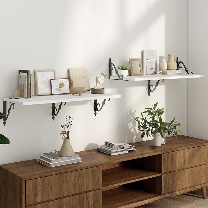 White Floating Shelves for Wall, 32"W x 12"D Wall Shelves, 12 Inch Deep Floating Shelf with Bracket, 32 Inch Floating shelves Set of 2, Rustic Shelves for Living Room, Bathroom and Kitchen, White