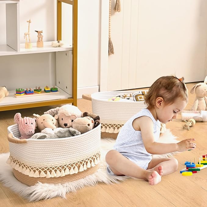 3 Pack Storage Basket for Shelves, Boho Cotton Rope Storage Bins with Heavy Tassel, Shelf Baskets Large Woven Baskets for Organizing, Cube Organizer Bins, Baby Laundry Basket for Clothes, Toys, Pets
