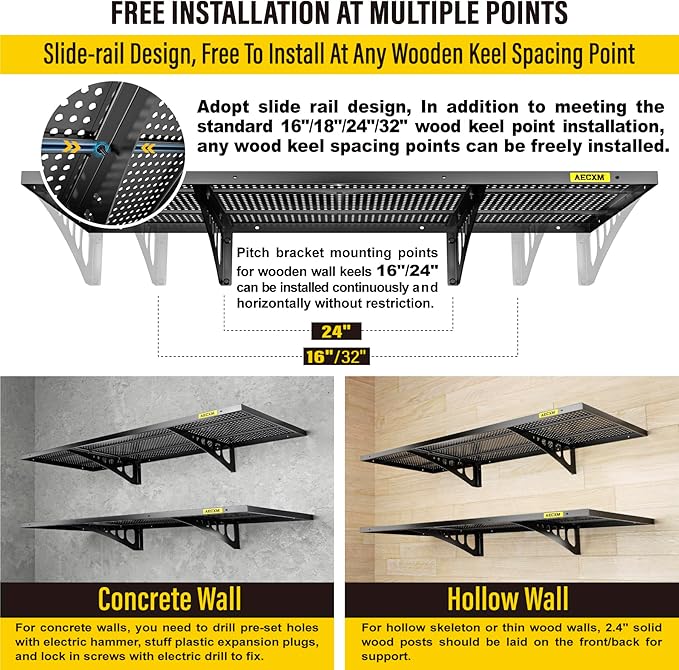2-Pack 1.64x4ft Adjustable Garage Wall Shelving 560lbs Load Capacity Heavy Duty Wall Mounted Storage Shelf Metal Floating Shelves for Garage(Black)