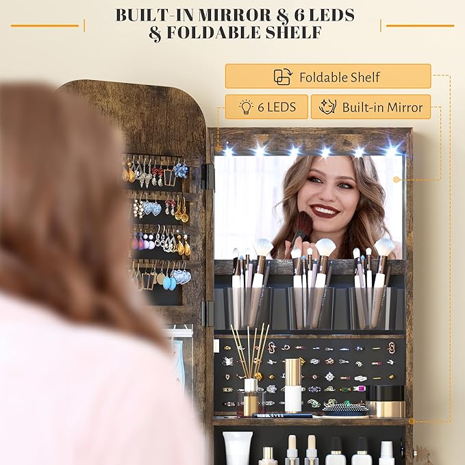 Vlsrka 47.2" LED Mirror Jewelry Cabinet, Wall/Door Mounted Full Length Mirror with Storage, Lockable Jewelry Armoire with Mirror, Rounded Corner Hanging Mirror Jewelry Organizer, Rustic Brown