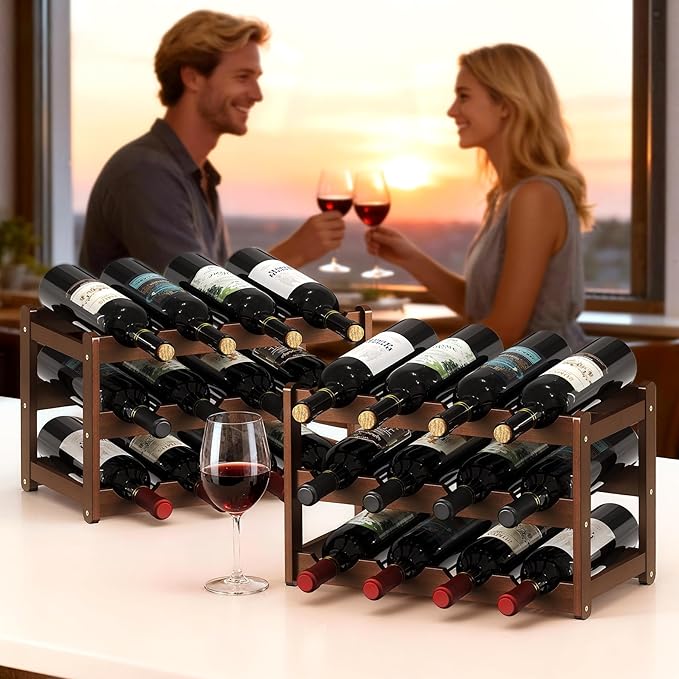 Wine Rack Bamboo Wine Racks Countertop,Sturdy Wine Rack for Inside Cabinet & Freestanding Floor,2 Set of 3-Tier 12 Bottles Racks for Kitchen,Cabinets,Home Bar,Wine Storage Racks(3-Tiers)