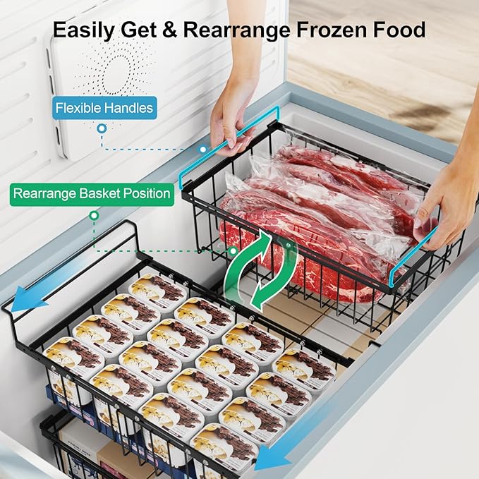 iSPECLE Large Chest Freezer Organizer Bins - 17.5" to 22.6" Expandable Length Baskets for Deep Freezer, Fit 10 to 20 Cu.FT, 2 Pack Adjustable Hanging Chest Freezer Basket, Black