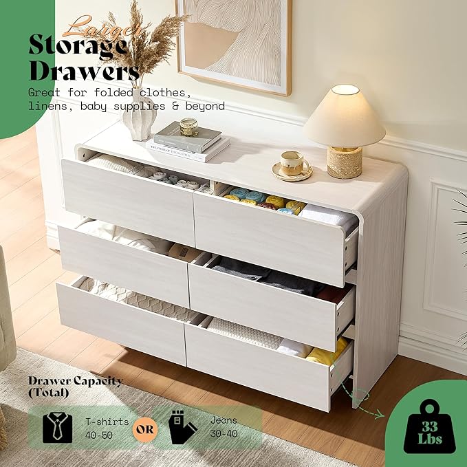 AMERLIFE 6 Drawer Dresser for Bedroom, 49" Long Modern Chest of Storage Drawers with Rounded Corners, Anti-Tip Kit, Wood Cabinet Organizer for Closet, Living Room, Nursery, Easy Assembly, White