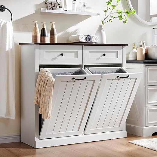 Double Tilt Out Trash Cabinet, 20 Gallon Farmhouse Laundry Hamper Cabinet with 2 Drawers, Hidden Wooden Trash Can Cabinets with Storage Basket for Kitchen, Living Room (Antique White)