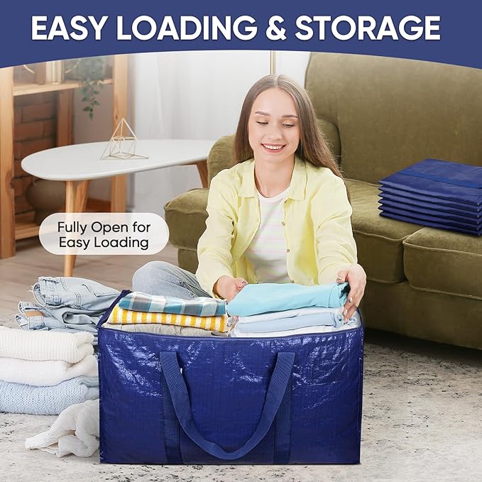 TICONN 2 Pack Extra Large Moving Bags with Zippers & Carrying Handles, Heavy-Duty Storage Tote Moving Boxes for Space Saving (2 Pack, Navy)