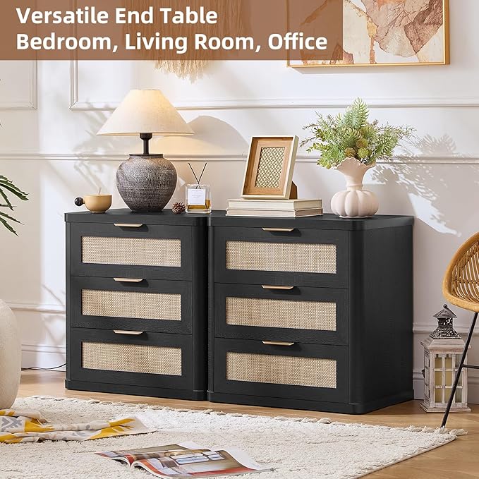 LEYAOYAO Rattan Night Stand Set of 2 with Drawers, 23" Large 3 Drawer Boho Nightstand, Natural Wood Bedside Table Storage Cabinet, Bed Side End Tables Dresser for Bedroom, Living Room, Hallway, Closet