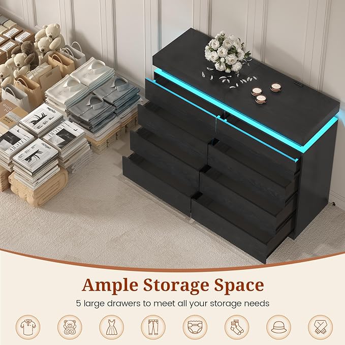 Tall Black 8 Dresser for Bedroom, Sliding Top Storage Space, Modern Wood Drawers with LED Light and Power Outlet, Large Chest of Drawer for Living Room, Hallway, Entryway (8 Drawers,Black)