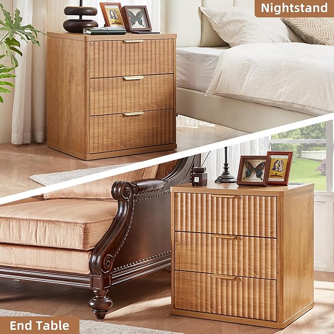 LEYAOYAO Fluted Nightstand Set of 2 with Charging Station,23" Modern Nightstand with Woodgrain Top, 3 Drawer End Table w/Storage, BedsideTables for Bedroom, Living Room, Curved Profile,Brown