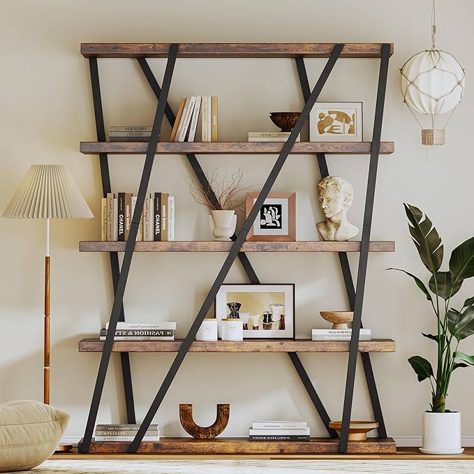 FUSUNBAO Unique 5-Tier Wooden and Metal Frame Bookshelf,Vintage Industrial Modern Style Tall Bookcase,72 "H x 12 "W x 47" L,Rustic Large Wooden Shelf,Display Shelf for Home Office,Retro Brown