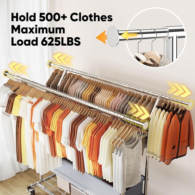 HOKEEPER Clothing Rack Heavy Duty Clothes Rack for Hanging Clothes Load 625LBS Extendable Double Rod Clothes Rack, Adjustable Rolling Garment Rack with Wheels, Basket & Shelves 71.2''W*23.6''D*68.5''H