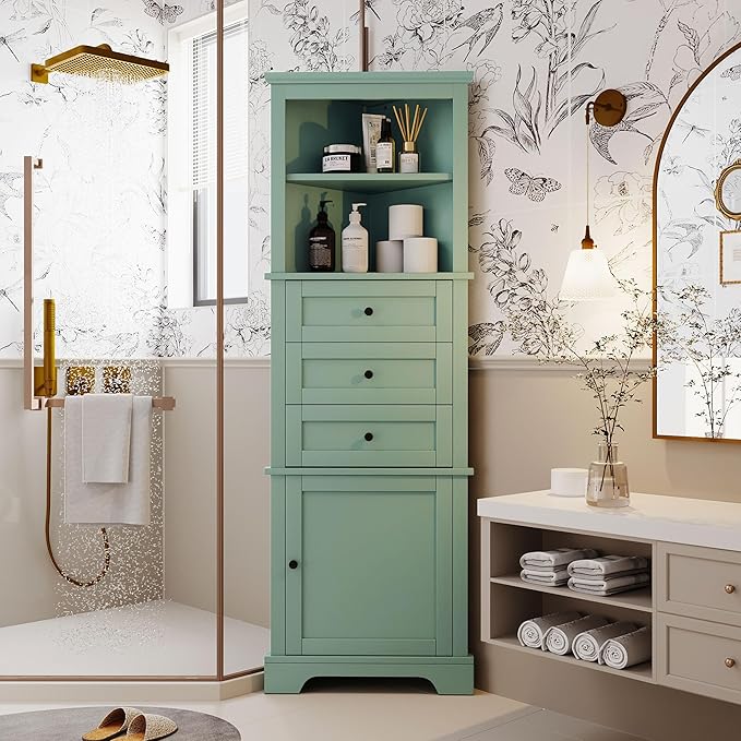68.9" Tall Triangle Corner Cabinet with 3 Drawers & Adjustable Shelf, Freestanding Storage Cabinet,Water-Resistant, Anti-Tip Design,Space-Saving Organizer for Bathroom, Kitchen, Living Room, Green