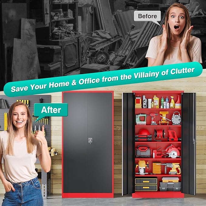 SISESOL Wide & Deep Metal Storage Cabinet with Lock & 5 Adjustable Shelves,72" Red Black Garage Storage Cabinet with Locking Doors,Lockable Cabinets for Home,Office,Shop,Garage,Basement 72x36x18