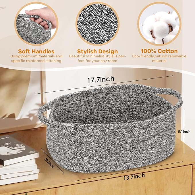 Small Woven Cotton Rope Basket Cute Baby Gift Baskets Empty Decorative Storage for Organizing Shelves Closet Baby Nursery Basket Bin Toy Storage Tote Organizer 13.7"x10.2"x5" Grey easter