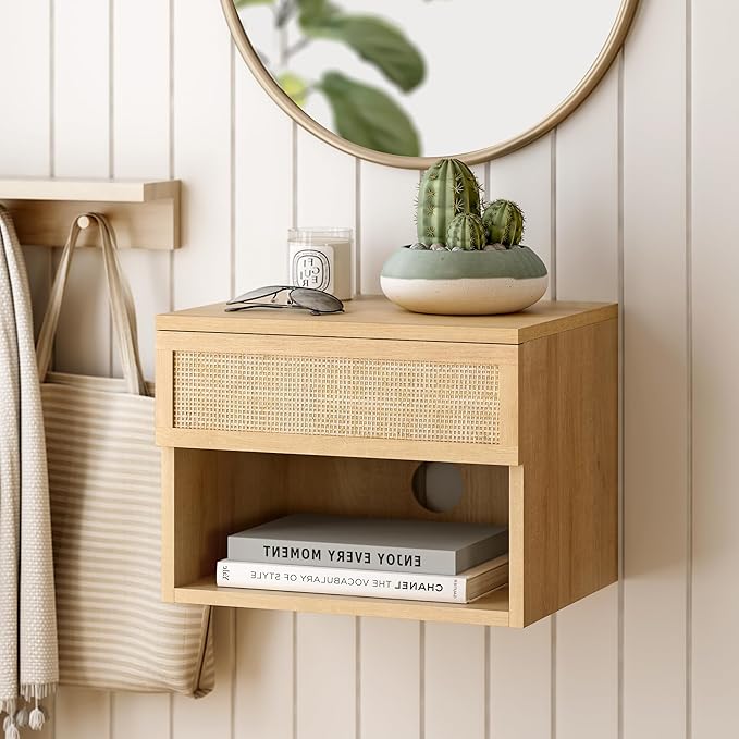 Rattan Floating TV Stands Set of 4, Wall Mounted Nightstands with Drawer and Open Compartment Modern Wood Bedside Night Stand Storage Cabinet for Living Room Bedroom, Natural Oak